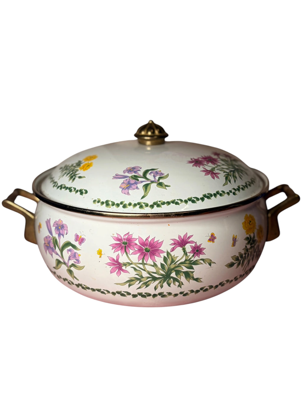 Lincoware "Ivy Vine" or "Wildflower" pattern enameled metal covered casserole dish.