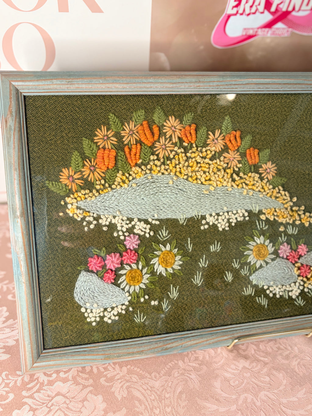 1970s large framed crewel embroidery “rock garden”