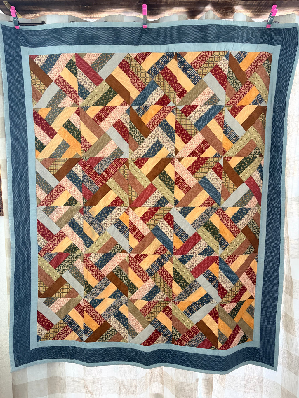 Handmade Quilt “Strip Search” Pattern Earthy Tones Lap Throw Blanket