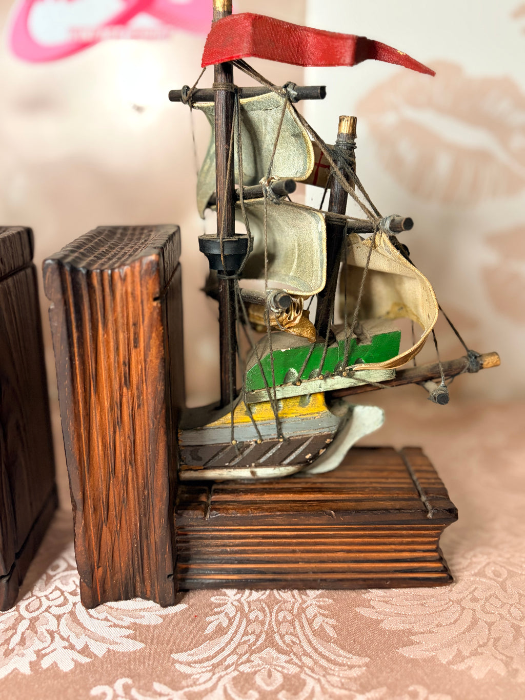 Handcrafted wooden Spanish galleon and pirate ship bookends