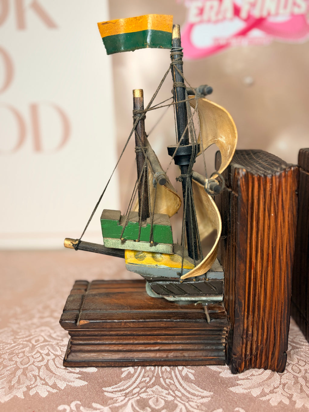 Handcrafted wooden Spanish galleon and pirate ship bookends