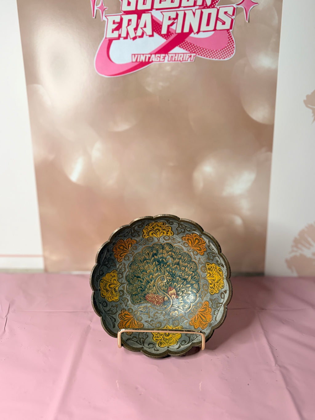 Etched brass and enamel peacock bowl (60-80’s)