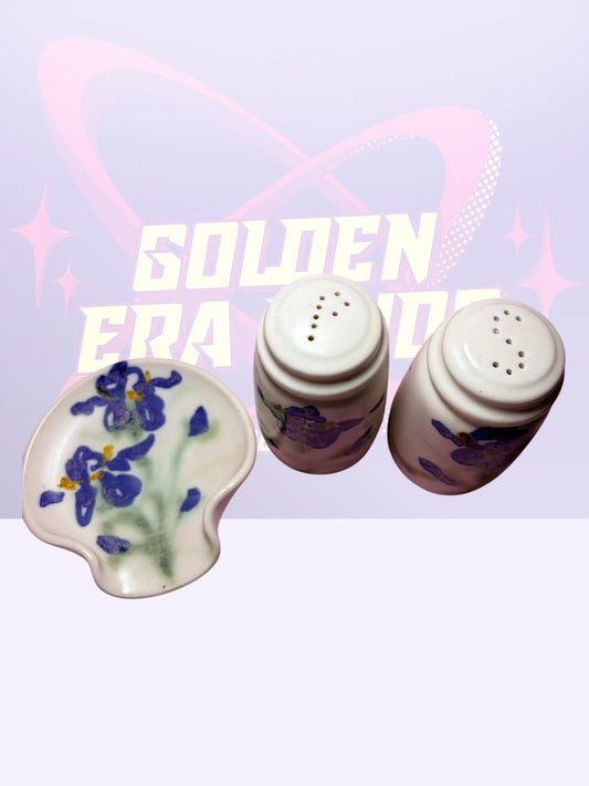 Clouds Folsom ceramic hand-painted salt/pepper shakers and spoon rest (1994)