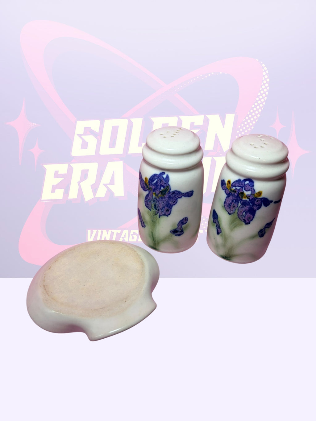 Clouds Folsom ceramic hand-painted salt/pepper shakers and spoon rest (1994)