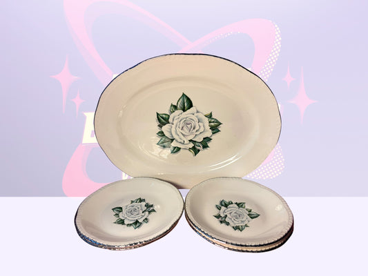 Homer Laughlin "Windsor Rose" Oval Serving Platter w/four bread plates (1951)